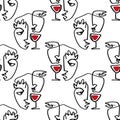 One line minimalistic brush grunge abstract face with wine glass seamless pattern. Vector illustration. Modern