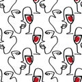 One line minimalistic brush grunge abstract face with wine glass seamless pattern. Vector illustration. Modern