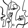 One line minimalistic brush grunge abstract faces. Vector illustration. Modern contemporary face art, trendy continuous