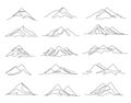 One line mountains. Linear mountain ranges and continuous outline peaks, travel landscape vector illustration set