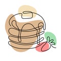 One line of pancakes with strawberries. Hand drawn logo. Cafe and bakery concept.
