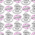One line Pink Lips and teeth and tea porcelain cup on saucer set. Seamless pattern Royalty Free Stock Photo