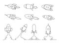 One line rocket. Space ship launch, simple rockets flying into universe and spacecraft sketch vector illustration set Royalty Free Stock Photo