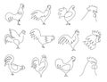 One line roosters. Farm bird silhouette, rooster portrait and hand drawn cock continuous line illustration vector set