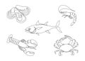 One line seafood set. Lobster, fish, crab, shrimp, oysters single line drawing. Restaurant menu icons, vector art illustration