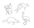 one line set of Australian animals. Koala outline. Kangaroo continuous line. Ostrich lines design. Platypus lite art.