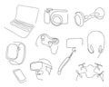 One line set of modern electronic gadgets for job, entertainment. Hand drawn vector illustration.