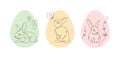 One line silhouette collection. Vector linear art illustration set. Black outline rabbit, bunny animal in color egg symbol Royalty Free Stock Photo