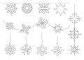 One line snowflake decoration. Snow divider, hanging flakes decorations and snowflakes on wave continuous line art Royalty Free Stock Photo