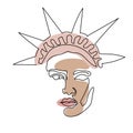 One line Statue of Liberty face. Minimalist continuous linear vector illustration. Patriotic modern wall art