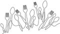 One line table spoon forks dinner lunch concept. Cafe menu decoration border silhouette continuous line doodle cooking