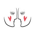 One line Valentine day lovers minimalistic brush grunge abstract faces. Vector illustration. Modern contemporary face