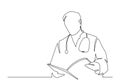 One line vector drawing of hospital doctor standing holding patient papers. Doctor looking at his journal line drawing