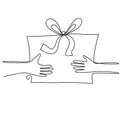 one line vector illustration. box with a gift in his hands. Royalty Free Stock Photo