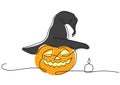 One line vector pumpkin with a hat and a candle for Halloween