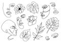 One line vector set. Continuous line drawing. Abstract woman portraits, flowers, monstera leaves isolated on white Royalty Free Stock Photo