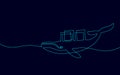 One line whale and container computer docker developer app concept. Sketch drawing open source program. Data coding