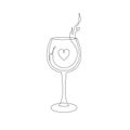 One line wineglass drawing with beverage and small heart. Line art illustration for print, card, poster and more