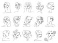 One line woman natural beauty. Linear female portrait, minimal girl face with flowers in hair hand drawn vector