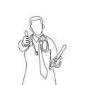 One line of young male doctors, good thumbs up concept. Attractive design of continuous lines