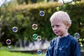 One Little boy blows soap bubbles in the garden on a summer day Royalty Free Stock Photo