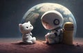 One little children astronaut sitting next to a one cute white cat, earth as background, generative Ai
