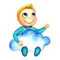 One little cute smiling boy holding a big blue cloud in his hands. Charity babies. Kid dreams and hopes to receive Royalty Free Stock Photo