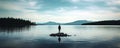 One lonely man standing on a small island of a vast lake, gazing into the horizon, looking at the calm lake