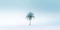 One lonely palm tree on a white beach. Calm sae with mist. Tranquil seashore landcsape. Generative AI