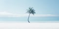 One lonely palm tree on a white beach. Calm sae with mist. Tranquil seashore landcsape. Generative AI