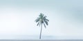 One lonely palm tree on a white beach. Calm sae with mist. Tranquil seashore landcsape. Generative AI