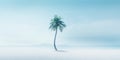 One lonely palm tree on a white beach. Calm sae with mist. Tranquil seashore landcsape. Generative AI