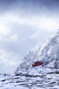 One Lonely Standing Traditional Red Wooden House in Lofoten Island