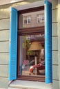 One long window with brown on a table lamp behind glass