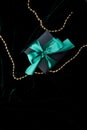 One luxury black gift boxe with green ribbon Royalty Free Stock Photo