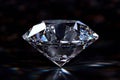 One luxury diamond on black background, shiny brilliant sparkle on dark desk, white gemstone with reflections. Concept of jewel,