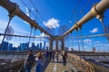 One of the main attractions in New York - famous Brooklyn Bridge- MANHATTAN - NEW YORK - APRIL 1, 2017