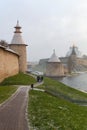 Vysokaya tower left and Ploskaya tower right of Pskov Kremlin also Pskov Krom Royalty Free Stock Photo