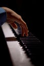 One male hand on the piano. The palm lies on the keys and plays the keyboard instrument in the music school. student learns to