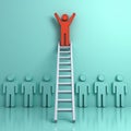 One man climbing ladder to standing on top above green people Royalty Free Stock Photo