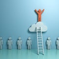 One man climbing ladder to standing on top of the cloud above other people on green pastel color background Royalty Free Stock Photo