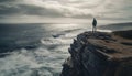 One man conquering adversity, standing on cliff, admiring nature generated by AI Royalty Free Stock Photo