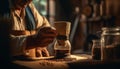 One man, a craftsperson, expertly making coffee in his workshop generated by AI