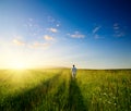 One man and field of summer grass Royalty Free Stock Photo