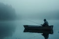 One man with fishing rod in a boat. morning fog