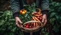 One man holding a basket of fresh, organic vegetables generated by AI Royalty Free Stock Photo