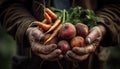 One man holding a basket of fresh, organic vegetables outdoors generated by AI Royalty Free Stock Photo