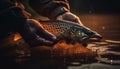 One man holding fresh trout caught while fly fishing in pond generated by AI Royalty Free Stock Photo