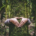 One man hugging a green tree trunk doing heart gesture with hands. People and love respect for nature forest and environment Royalty Free Stock Photo