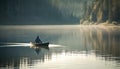 One man, outdoors, fishing in tranquil reflection on the water generated by AI